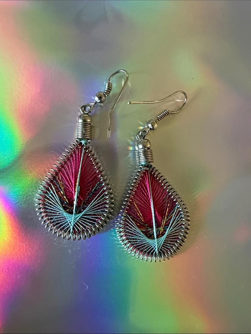 Boho Chic Teardrop Thread Earrings in Fuchsia and Teal - Women's Jewelry